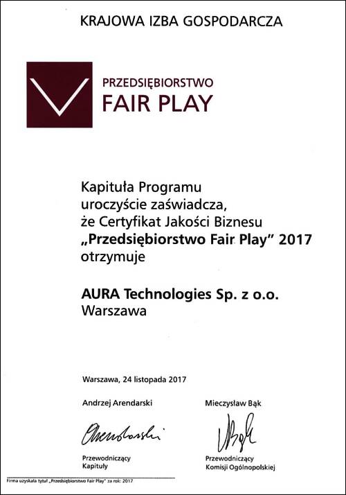 Certyfikat Fair Play 2017 dla AuraTech