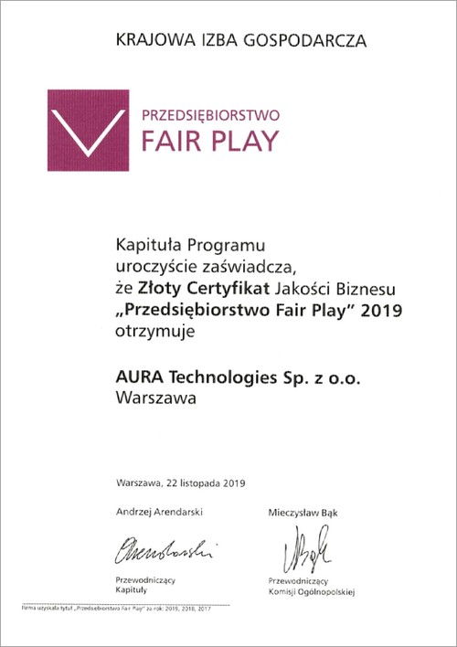 Certyfikat Fair Play 2019 dla AuraTech