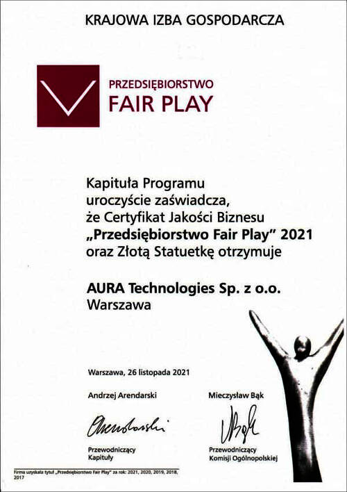 Certyfikat Fair Play 2021 dla AuraTech