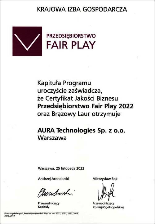 Certyfikat Fair Play 2022 dla AuraTech